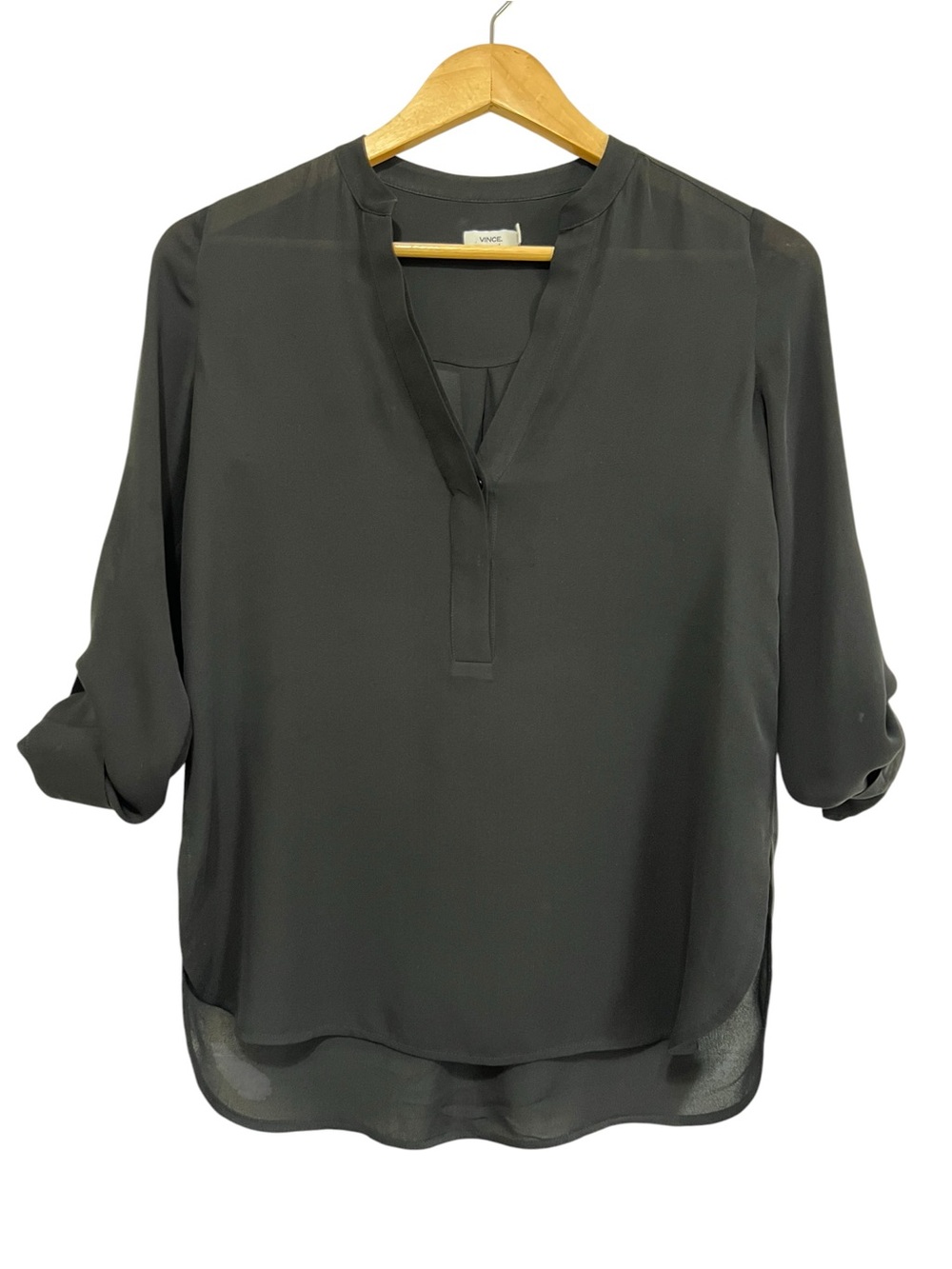 VINCE Black Split-Neck Roll-Tab Silk Blouse Long Sleeve Size 0
